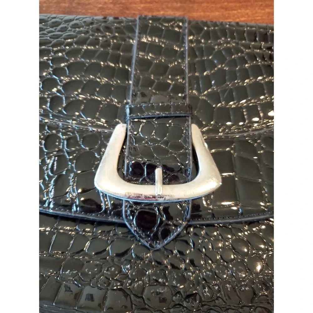White House Black Market Black Croc Purse Clutch Handbag Silver Buckle Large